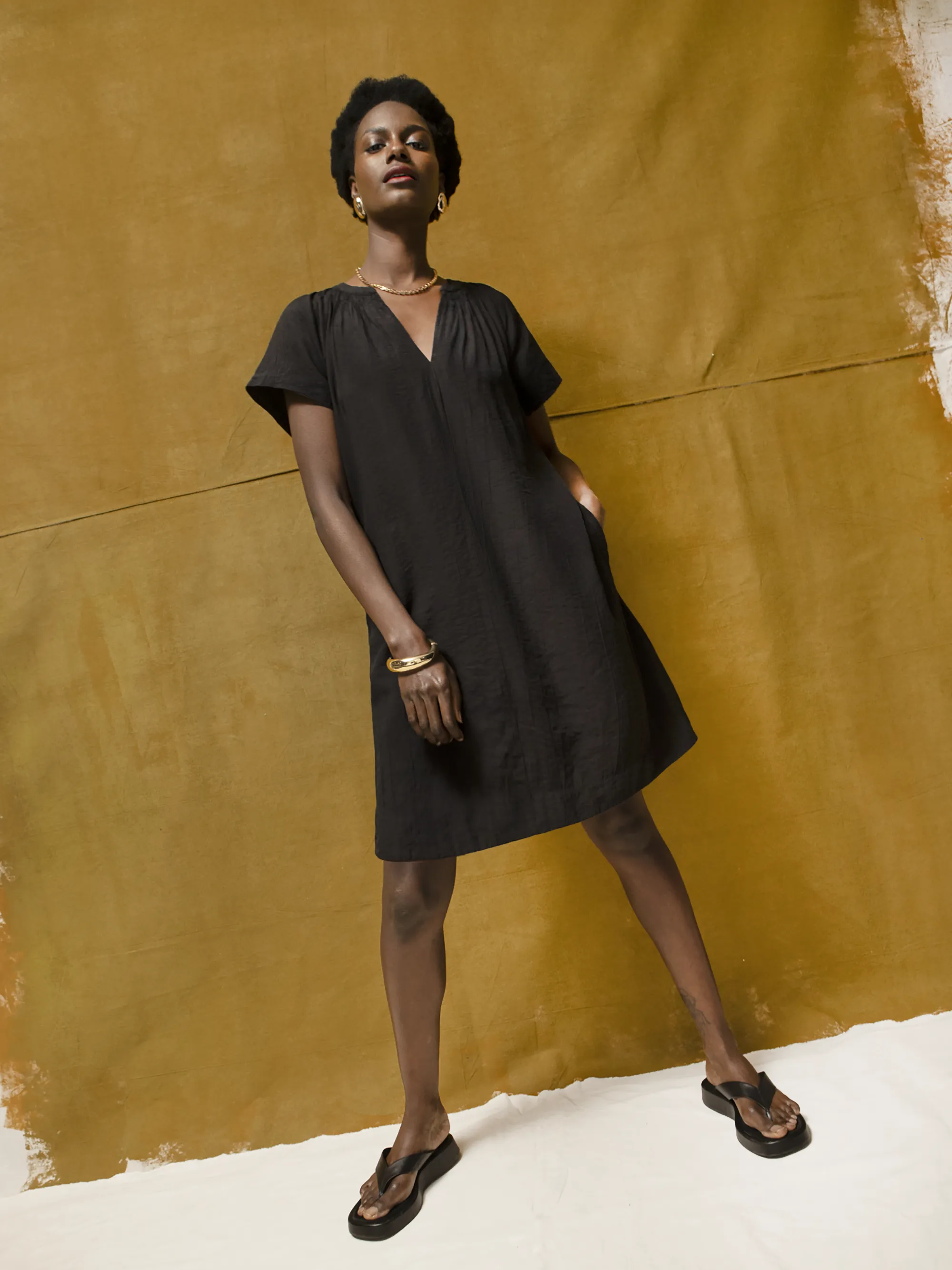 Black Gathered Neck Short Dress